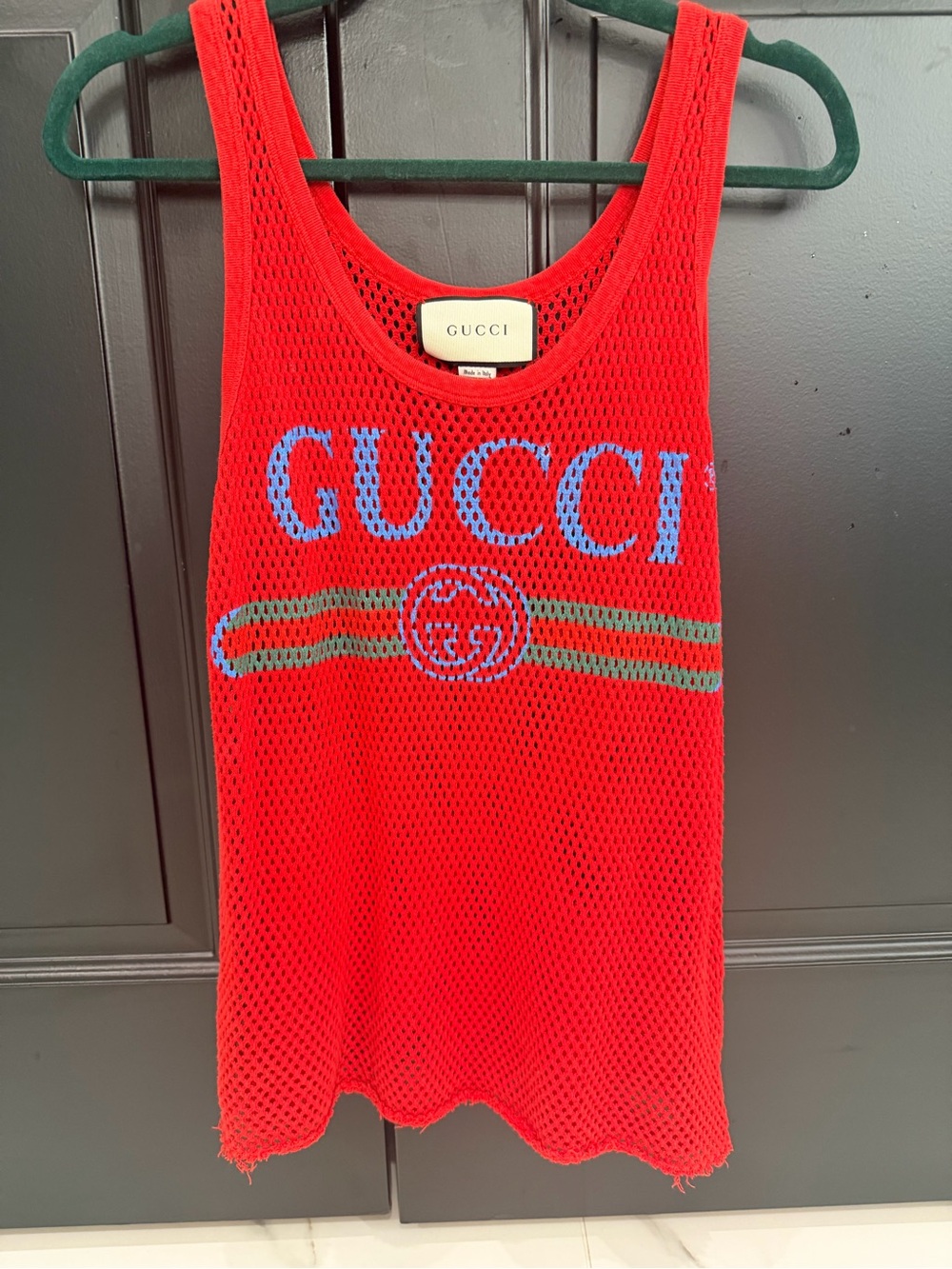 Gucci Red Mesh Logo Tank Top with Blue and Green Accents